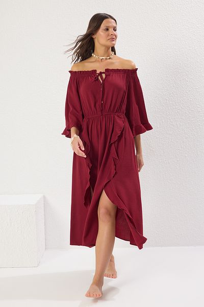 Trendyol Collection Rochie de plajă maxi țesută supradimensionată țesută burgundă TBESS25EL00122