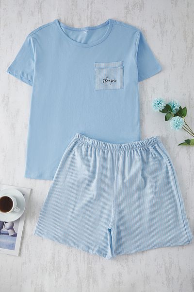 Trendyol Curve Blue Striped Pocket Detailed Knitted Pajamas Set Tbbss25Ai00088