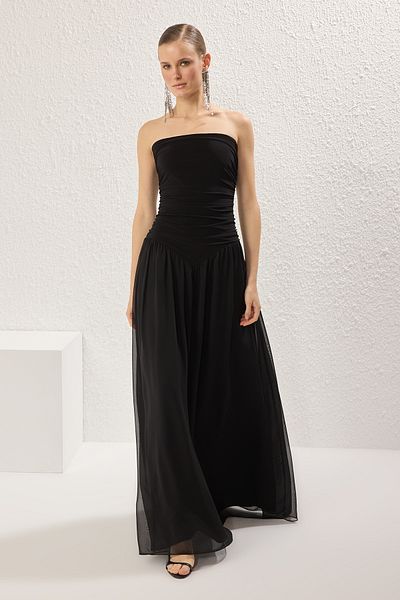 Trendyol Collection Μαύρο A-Line Draped Chiffon Woven Long Flight Flight Κομψό βραδινό φόρεμα για επιστροφή στο σπίτι TPRSS25AE00151