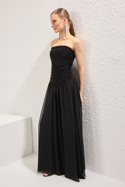 Trendyol Collection Μαύρο A-Line Draped Chiffon Woven Long Flight Flight Κομψό βραδινό φόρεμα για επιστροφή στο σπίτι TPRSS25AE00151