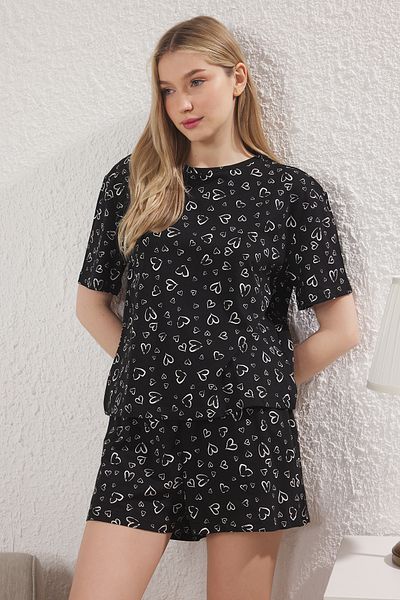 Trendyol Collection Black 100% Cotton Heart Shorts Pajamas Set Thmss25Pt00374