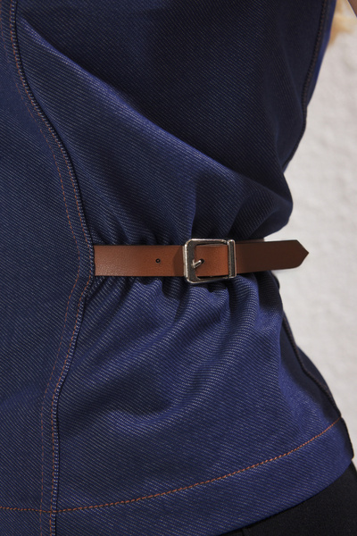 Trendyol Collection Indigo Denim Blouse - Zipper and Accessory Detail Fitted Knitted Blouse