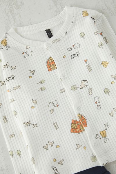 TRENDYOLKIDS Unisex 100% Cotton Printed T-Shirt Ecru 002 Leggings Top and Bottom Set Tkdss25Au00104