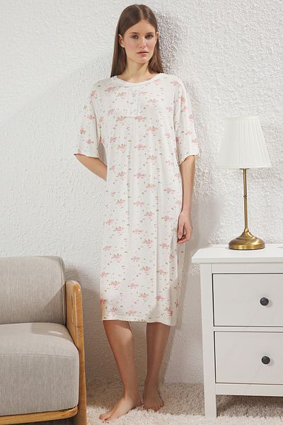 Trendyol Collection Λευκό μονό 100% παχύρρευστο φλοράλ βισκόζη μονό πλεκτό νυχτικό THMSS25GC00016