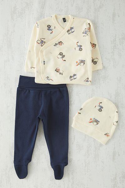 TRENDYOLKIDS Beige 3-Piece Baby Boy 100% Cotton Printed Leggings-Bottom Set