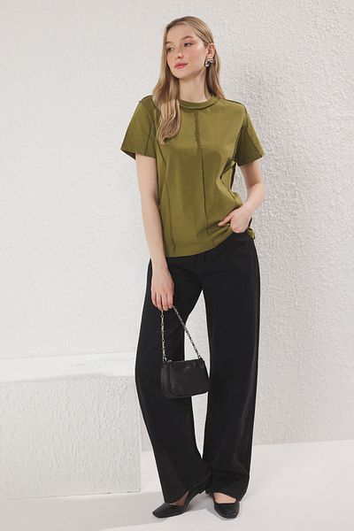 Trendyol Collection Khaki Color Stitching Detail 100% Cotton Knitted T-Shirt - Twoss25Ts00135