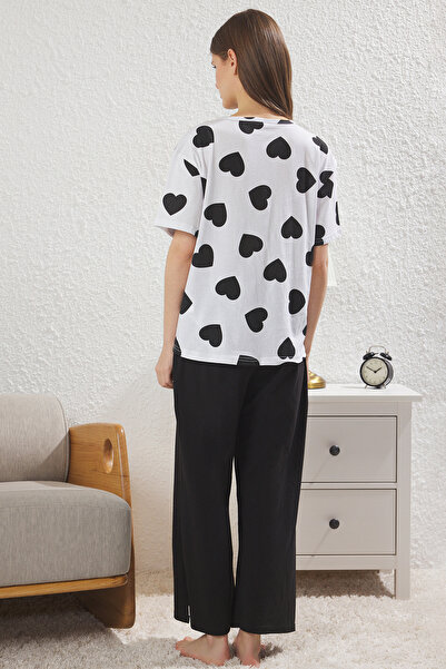 Trendyol Collection White-Multicolor Heart Single Jersey Knitted Pajamas Set Thmss25Pt00277