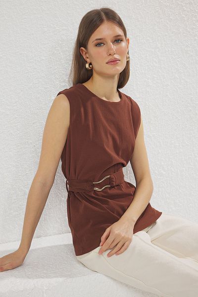 Trendyol Collection Καφέ ζώνη κανονική/κανονική εφαρμογή πλεκτή μπλούζα TWOSS25BZ00088