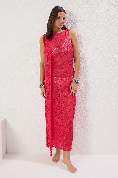 Trendyol Collection Φούξια Maxi Πλεκτό Δαντελένιο Φόρεμα Παραλίας TBESS25EL00089