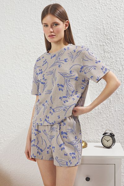 Trendyol Collection Beige and Multicolor Floral Waffle Fabric Pajama Set Thmss25Pt00363