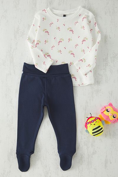 TRENDYOLKIDS Ecru White Female Child Cotton Basic T-Shirt Tights Knitted Bottom-Top Suit Tkdss25Au00104