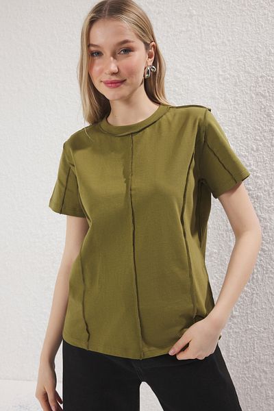 Trendyol Collection Khaki Color Stitching Detail 100% Cotton Knitted T-Shirt - Twoss25Ts00135