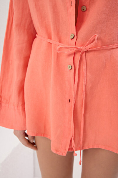 Trendyol Collection Pink Woven Tie-Up 100% Linen Beach Shirt Tbess25Go00015