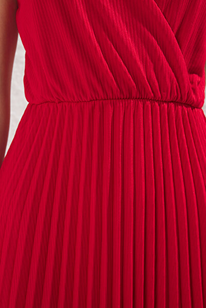 Trendyol Collection Piros derékbőséges Midi duplasoros redős állítható pántos kötött ruha TWOSS20EL2729