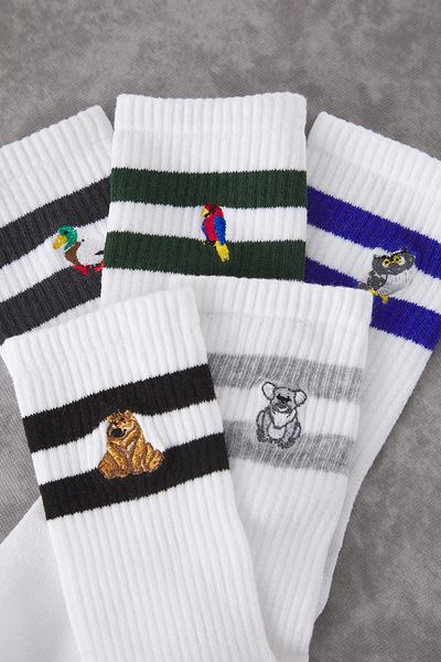 Trendyol Collection Unisex White Embroidered Cotton Striped College Tennis Mid Length Socks Set of 5 - Tmnaw25Co00022