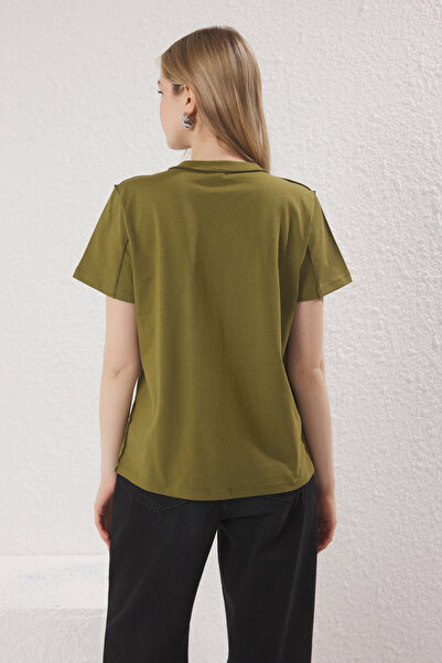 Trendyol Collection Khaki 100% Thick Cotton Stitching Detail Regular/Normal Fit Knitted T-Shirt Twoss25Ts00135