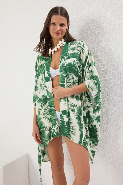 Trendyol Collection Mini-Kimono mit gewebtem Gürtel und Kaftan – abstraktes Muster TBESS25KM00008