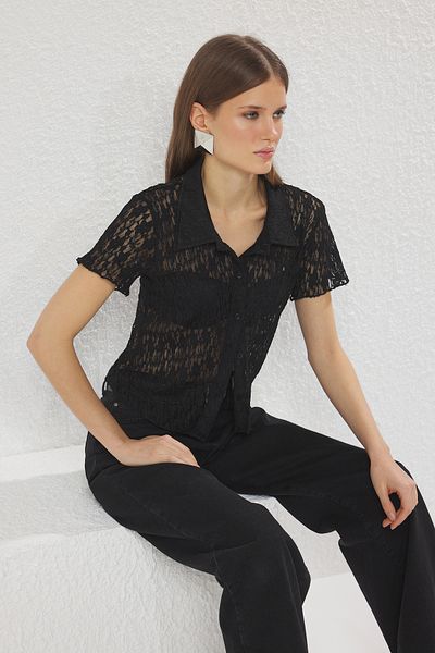 Trendyol Collection Black Polo Neck Blouse with Stretchy Lace Detail - Fitted Body, Twoss25Bz00407