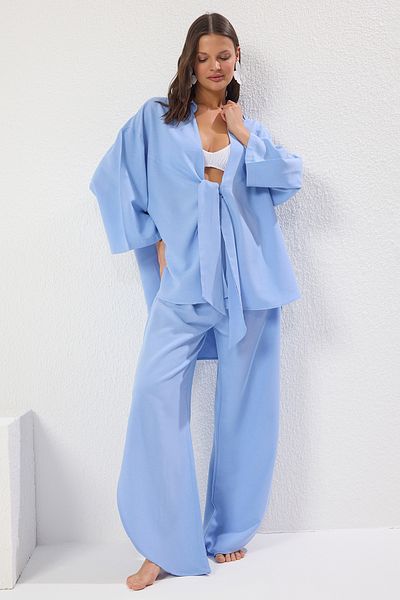 Trendyol Collection Blauer, gewebter, gebundener Leinen-Mischgewebe-Hemdhose-Strandanzug TBESS24AU00031