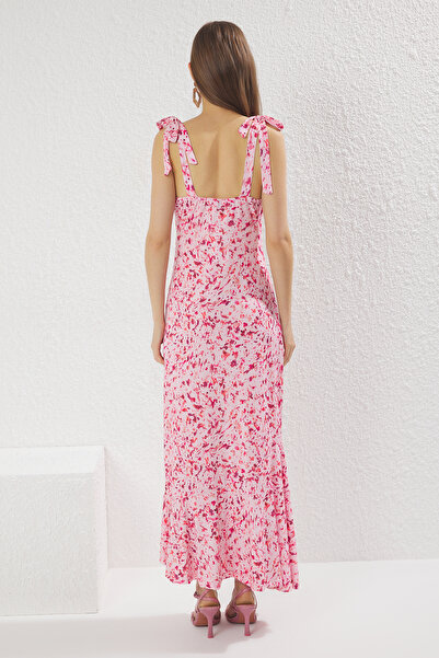 Trendyol Collection Multicolor Straight Lacing Detail Maxi Abstract Printed Lacing Detail Stretchy Knitted Dress Twoss25El00679