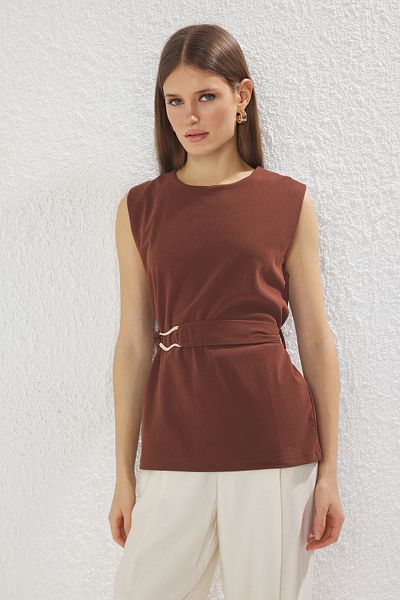 Trendyol Collection Καφέ ζώνη κανονική/κανονική εφαρμογή πλεκτή μπλούζα TWOSS25BZ00088