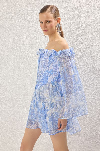 Trendyol Collection Bluemulticolor Flounces A-Line Starry Chiffon Woven Dress Tprss23El00096