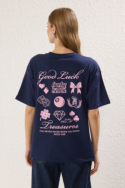 Trendyol Collection 100% Cotton Navy Oversize Printed T-Shirt - Twoss25Ts00145