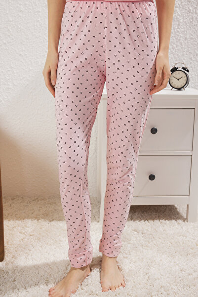 Trendyol Collection Világos rózsaszín pamut Galaxy pizsama szett szlogen nyomtatott THMSS25PT00385