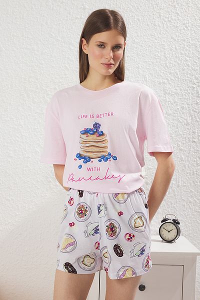 Trendyol Collection Pink 100% Cotton Leisure Pattern Pajamas Set Thmss25Pt00393