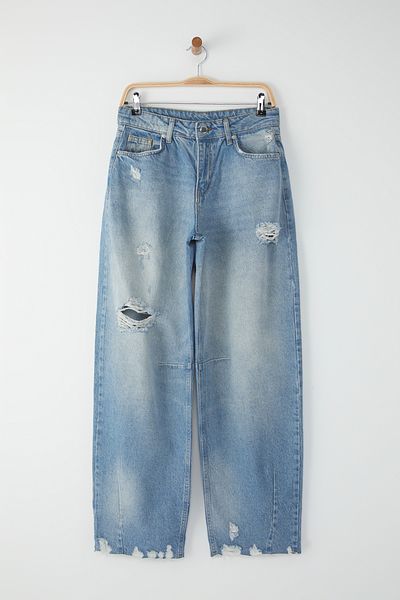 Trendyol Collection Blugi skater cu talie normală cu detaliu rupt albastru închis TWOSS25JE00218