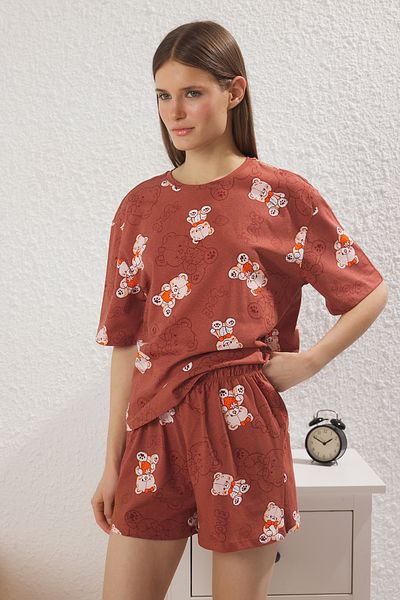 Trendyol Collection Кафяви 100% памучни къси къси панталони с плюшено мече