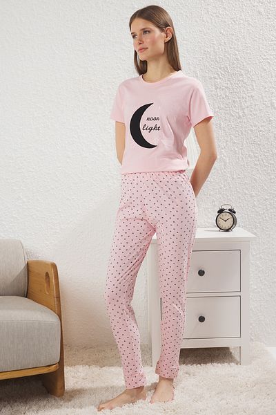 Trendyol Collection Light Pink Cotton Galaxy Pajamas Set Slogan Printed Thmss25Pt00385