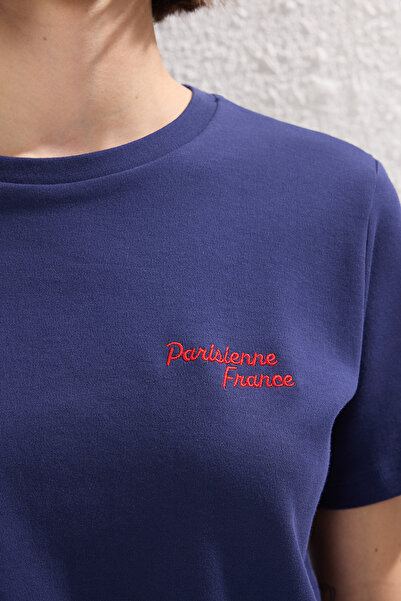 Trendyol Collection Μπλουζάκι με χοντρό ύφασμα Navy Blue Slogan Printed T-Shirt - TWOSS25TS00159