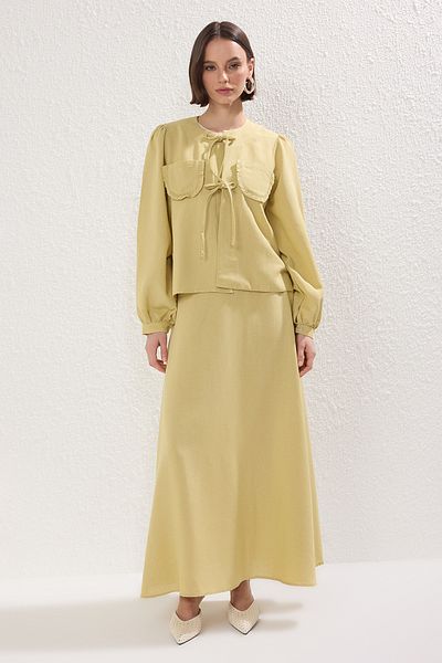 Trendyol Modest Light Khaki Binding Detailed Linen Blended Woven Bottom-Top Suit Tctss25Us00031