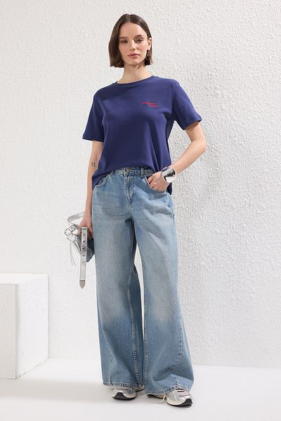 Trendyol Collection Thick Fabric Navy Blue Slogan Printed T-Shirt - Twoss25Ts00159