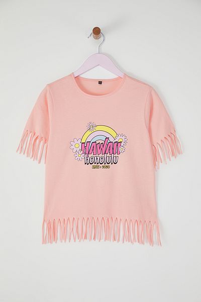 TRENDYOLKIDS Dívčí tričko se střapcem ze 100% bavlny Regular Fit s krátkým rukávem