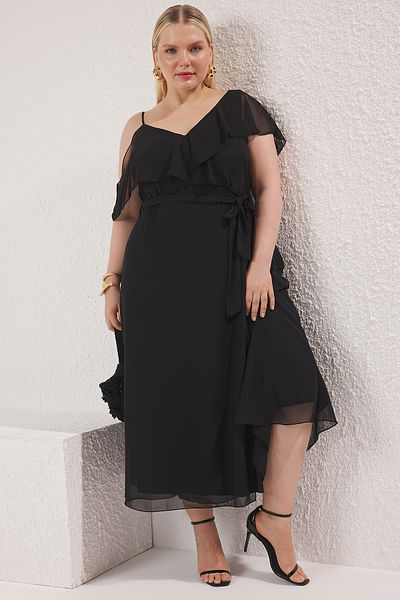 Trendyol Curve Black Chiffon Ruffle Midi Woven Plus Size Dress Tbbss25Ah00162