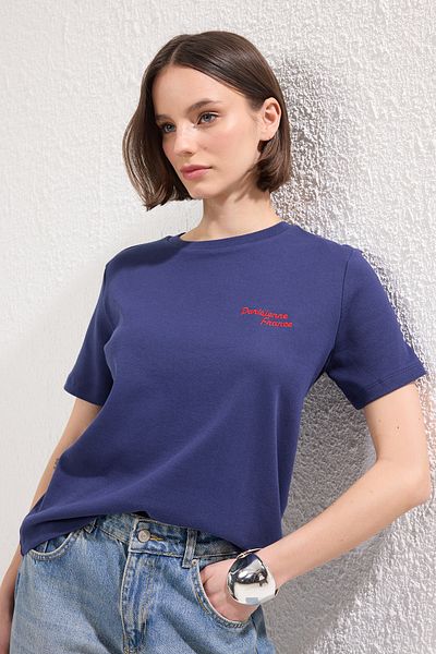 Trendyol Collection Thick Fabric Navy Blue Slogan Printed T-Shirt - Twoss25Ts00159