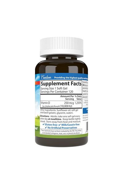 Carlson Vitamin D3 10000 IU (250 mcg) for Bone & Muscle Health, 120 Softgels
