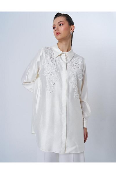 Kayra Satin Tunic - Ecru with Lace Applique