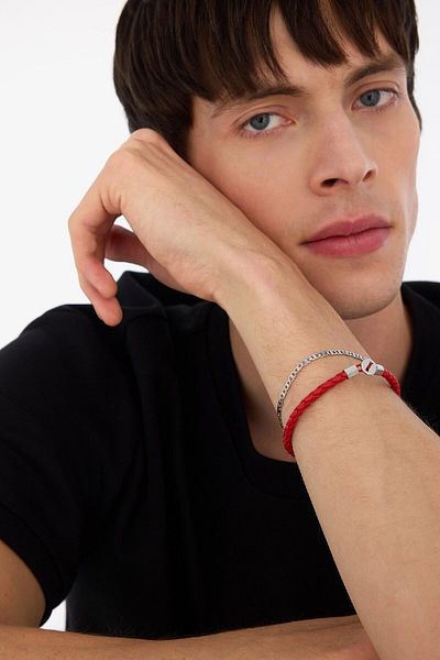 DeFacto AtolyeWolf x DeFacto Herren-Armband aus zweiteiligem rotem Leder mit Stahlfragmenten und schwarzer Stahlkette E609