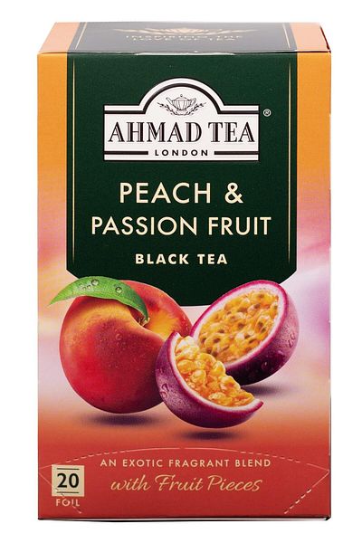 Ahmad Tea أكياس شاي الشاي الأسود والخوخ والفاكهة العاطفية، 20 كيسًا (عبوة واحدة) - خالية من الكافيين والسكر