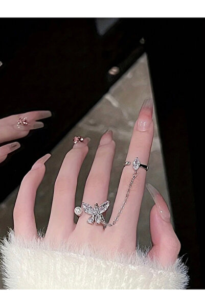 La Saade Y2k Coquette فراشة حجر الراين خاتم مزدوج