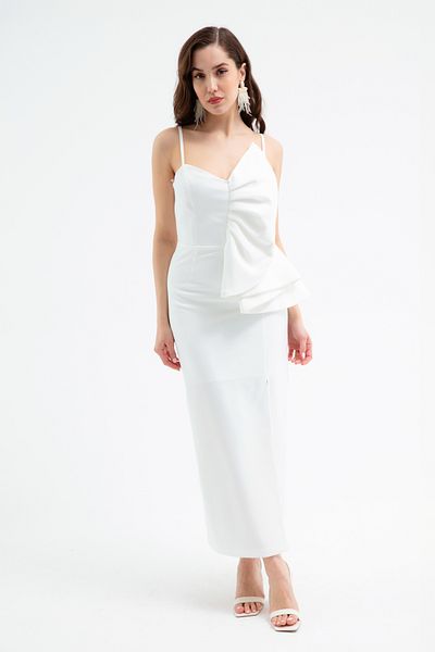 Lafaba Women's White Hanging Neck Detailed Midi Dress