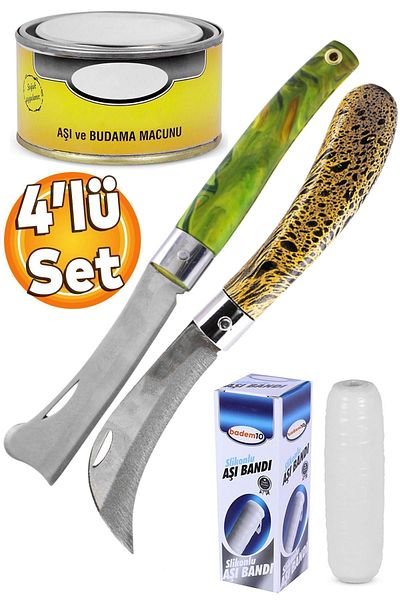 Badem10 Set: Grafting Knife Curved Tip Bonding Pocket Knife, Grafting Tape, Tree Paste, Flat Tip Grafting Knife