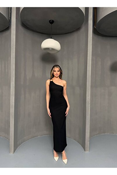 Butik Siyah Tek Omuz Tokalı Elbise
