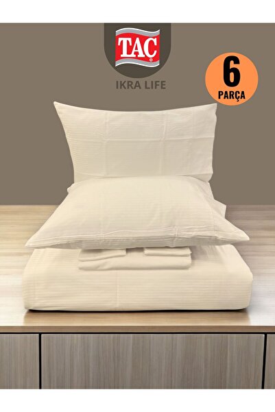 Taç Premium Basic Stripe Cream Satin Double Duvet Cover Set