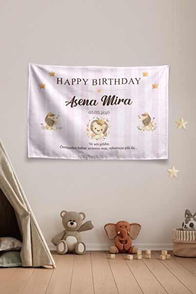 Vagonik Kişiye Özel Doğum Günü Aslan Temalı Happy Birthday Duvar Örtüsü Duvar...