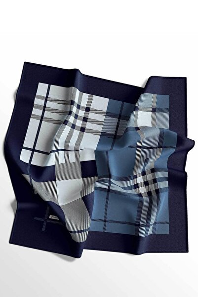 AFVENTE Square-Striped Pattern Blue Cotton Scarf