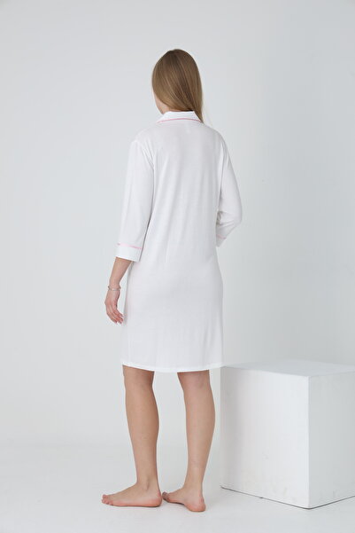 Miss Dünya Lissa Λευκό ροζ ριγέ πουκάμισο με γιακά μπροστά με κουμπιά εγκυμοσύνης και νυχτικό εγκυμοσύνης